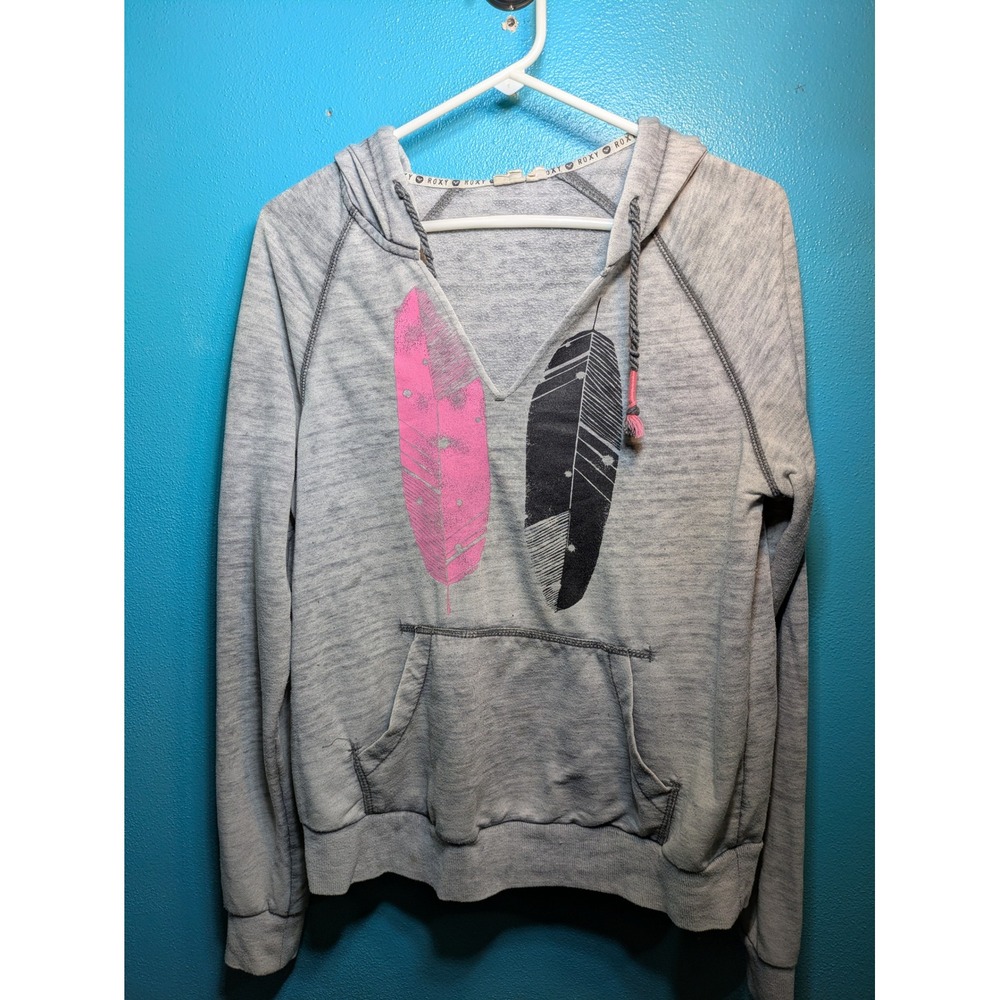 Roxy Womens XL Heather Gray Feather Graphic V-Neck Hoodie Raglan Pullover